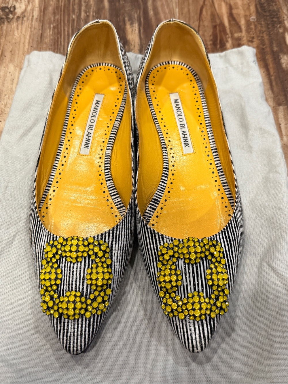 Manolo Blahnik Black & White Striped Flats with Yellow Crystal Buckle
